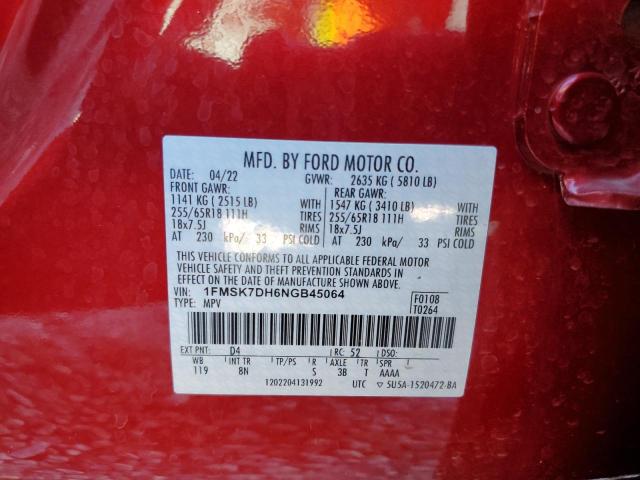 1FMSK7DH6NGB45064 - 2022 FORD EXPLORER XLT RED photo 14