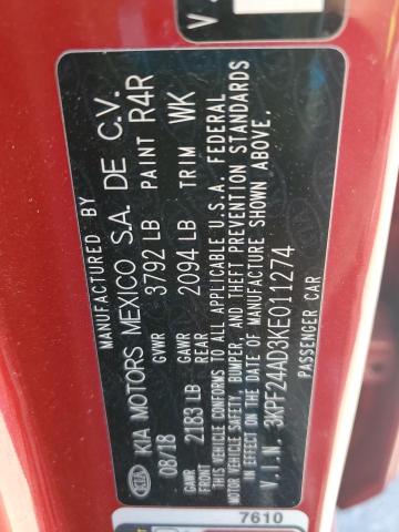 3KPF24AD3KE011274 - 2019 KIA FORTE FE Красный фото 13