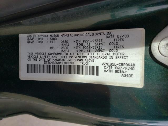 5TESN92N9YZ701090 - 2000 TOYOTA TACOMA XTRACAB PRERUNNER 绿色 照片 13