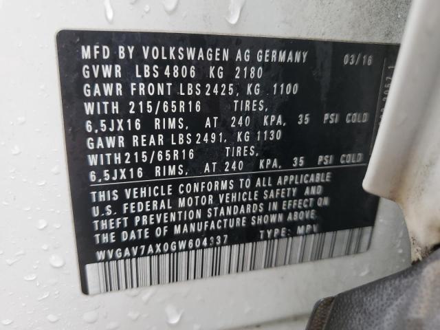 WVGAV7AX0GW604337 - 2016 VOLKSWAGEN TIGUAN S WHITE photo 12