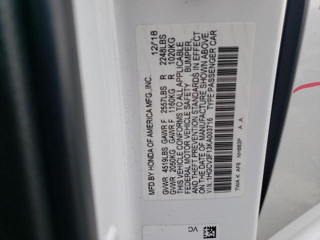 1HGCV3F13KA003716 - 2019 HONDA ACCORD HYBRID WHITE photo 13