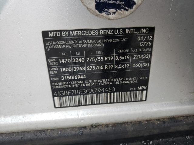 4JGBF7BE3CA794463 - 2012 MERCEDES-BENZ GL 450 4MATIC SILVER photo 13