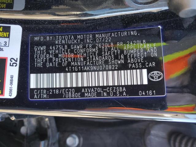 4T1G11AK9NU070822 - 2022 TOYOTA CAMRY SE BLACK photo 12
