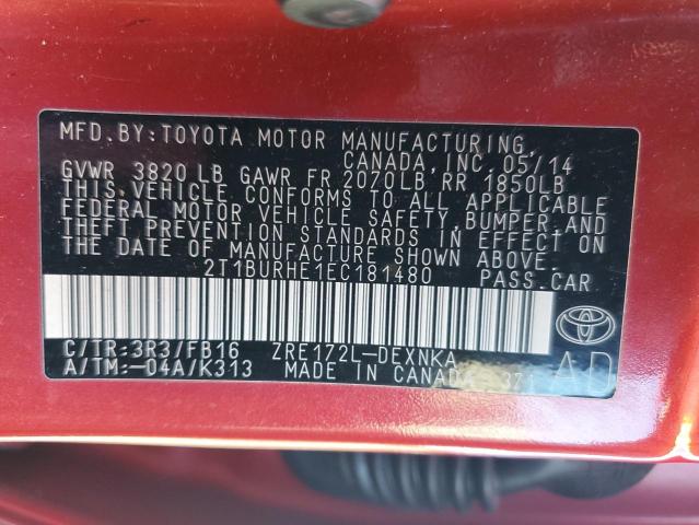 2T1BURHE1EC181480 - 2014 TOYOTA COROLLA L Каштановый фото 12