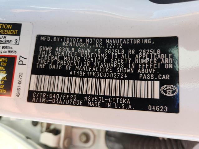 4T1BF1FK0CU202724 - 2012 TOYOTA CAMRY BASE 白色 照片 12