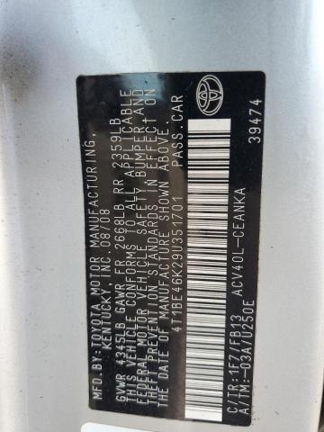 4T1BE46K29U351701 - 2009 TOYOTA CAMRY BASE SILVER photo 13