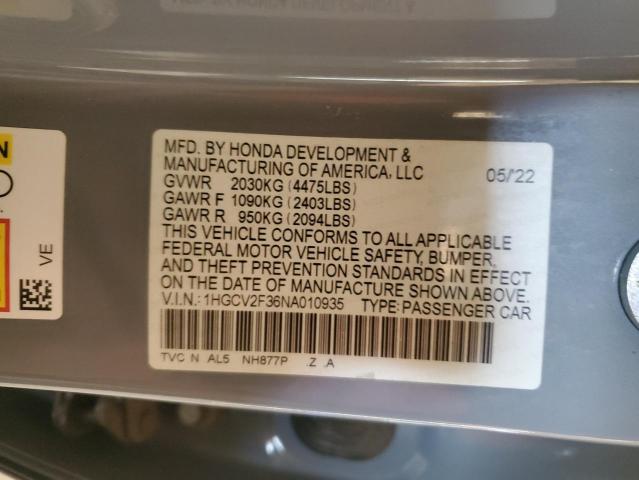 1HGCV2F36NA010935 - 2022 HONDA ACCORD SPORT Mavi foto 13