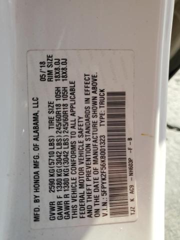 5FPYK2F56KB001323 - 2019 HONDA RIDGELINE RTL Blanc photo 13