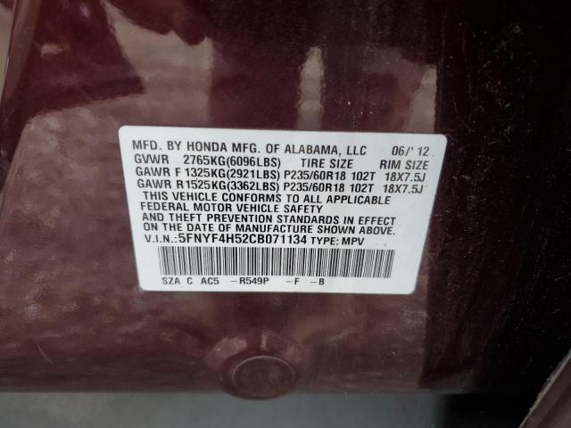 5FNYF4H52CB071134 - 2012 HONDA PILOT EXL MAROON photo 14