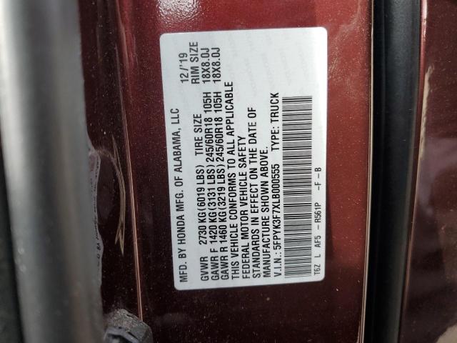 5FPYK3F7XLB000555 - 2020 HONDA RIDGELINE RTL BURGUNDY photo 12