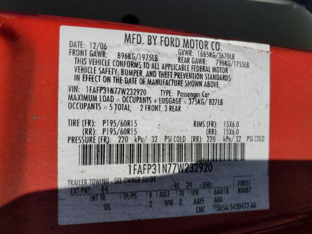 1FAFP31N77W232920 - 2007 FORD FOCUS ZX3 RED photo 12