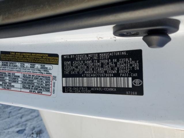 4T1BE46K77U679094 - 2007 TOYOTA CAMRY CE WHITE photo 12