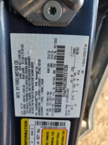 3FA6P0HD3KR231030 - 2019 FORD FUSION SE Blau Foto 12