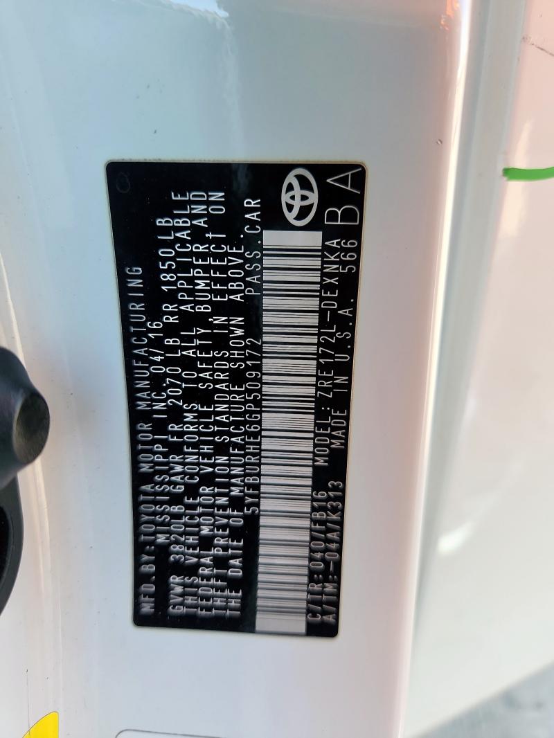 5YFBURHE6GP509172 - 2016 TOYOTA COROLLA LE L WHITE photo 12