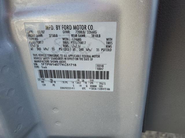 1FTPW14577KC51718 - 2007 FORD F150 SUPERCREW SILVER photo 12