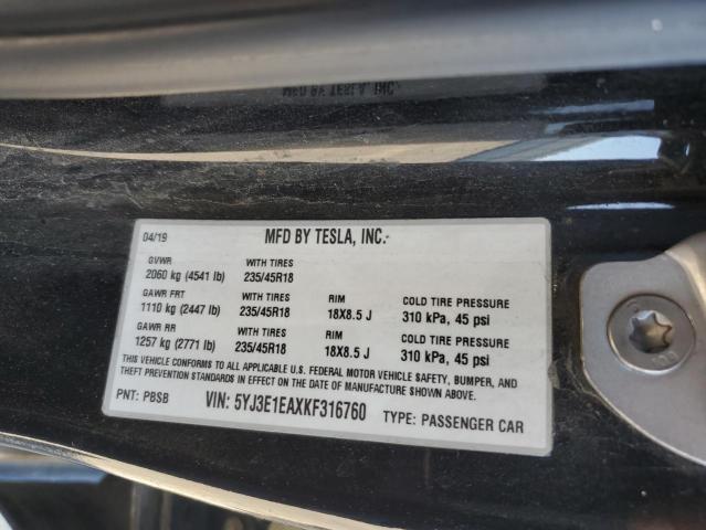 5YJ3E1EAXKF316760 - 2019 TESLA MODEL 3 Чорний фото 12