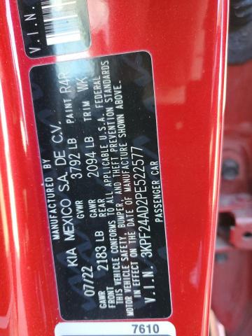 3KPF24AD2PE522577 - 2023 KIA FORTE LX RED photo 12