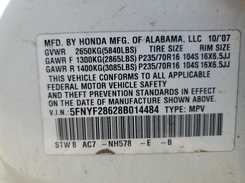 5FNYF28628B014484 - 2008 HONDA PILOT EXL WHITE photo 14