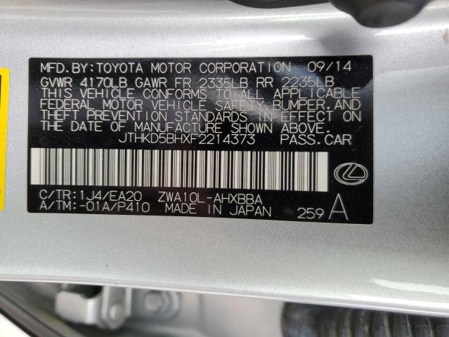 JTHKD5BHXF2214373 - 2015 LEXUS CT 200 SILVER photo 12