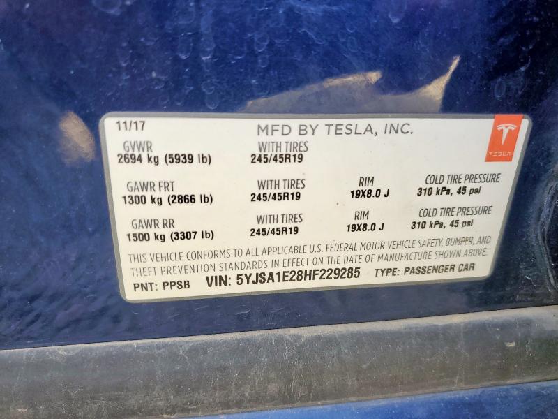 5YJSA1E28HF229285 - 2017 TESLA MODEL S ლურჯი ფოტო 12