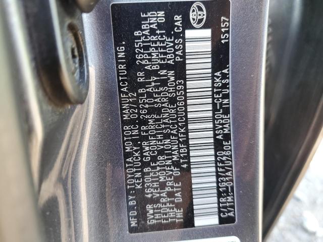 4T1BF1FK1CU060593 - 2012 TOYOTA CAMRY BASE GRAY photo 12