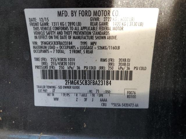 2FMGK5C83FBA23184 - 2015 FORD FLEX SEL CHARCOAL photo 12