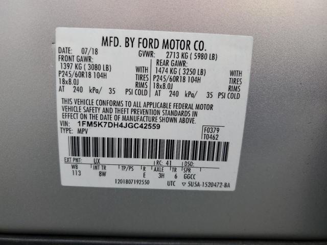 1FM5K7DH4JGC42559 - 2018 FORD EXPLORER XLT Plata foto 14