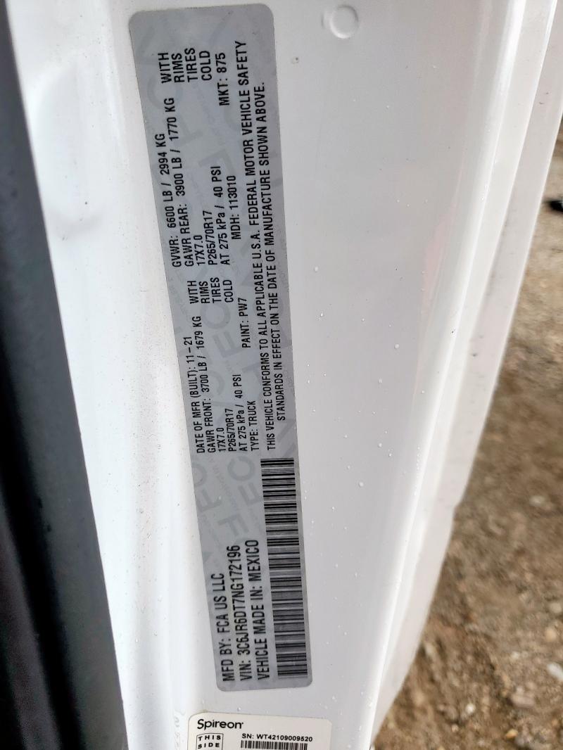 3C6JR6DT7NG172196 - 2022 RAM 1500 CLASS TRADESMAN თეთრი ფოტო 12