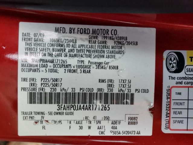 3FAHP0JA4AR171265 - 2010 FORD FUSION SEL RED photo 12