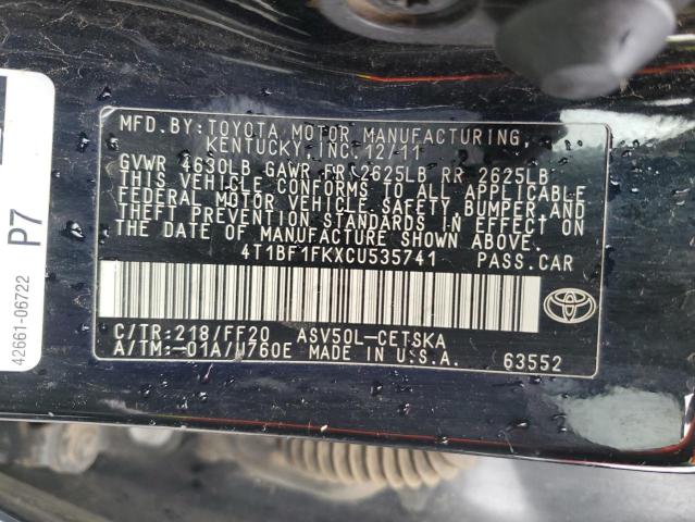 4T1BF1FKXCU535741 - 2012 TOYOTA CAMRY BASE 黑色 照片 12