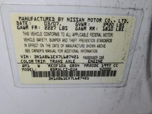 3N1AB61EX7L687421 - 2007 NISSAN SENTRA 2.0 WHITE photo 13