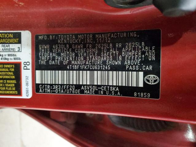 4T1BF1FK7CU631245 - 2012 TOYOTA CAMRY BASE RED photo 13