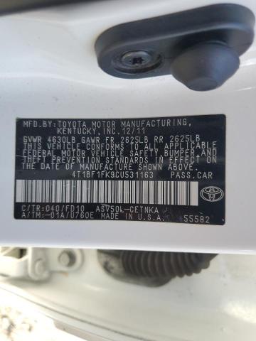 4T1BF1FK9CU531163 - 2012 TOYOTA CAMRY BASE WHITE photo 12