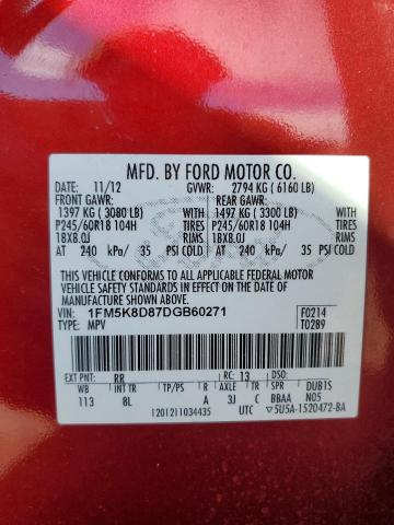 1FM5K8D87DGB60271 - 2013 FORD EXPLORER XLT RED photo 13
