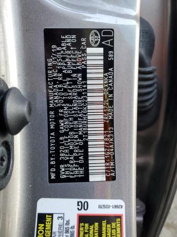 2T1BURHE6KC231141 - 2019 TOYOTA COROLLA L SILVER photo 12