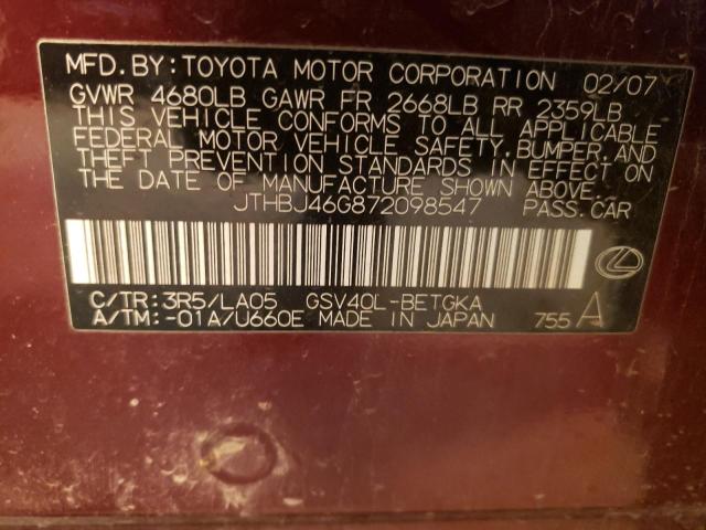 JTHBJ46G872098547 - 2007 LEXUS ES 350 RED photo 12