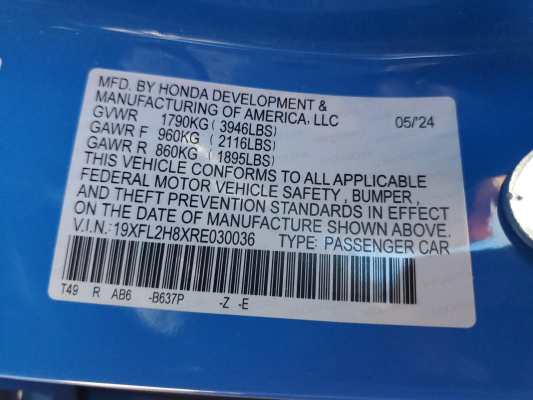 19XFL2H8XRE030036 - 2024 HONDA CIVIC SPORT BLUE photo 12