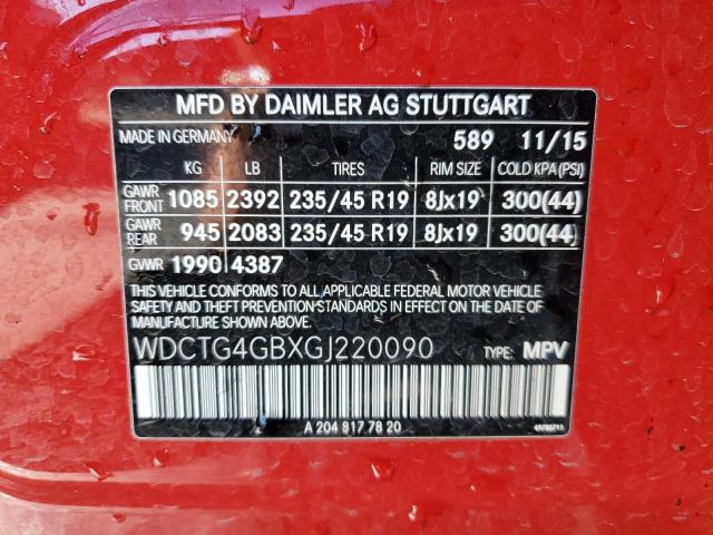 WDCTG4GBXGJ220090 - 2016 MERCEDES-BENZ GLA 250 4MATIC RED photo 12