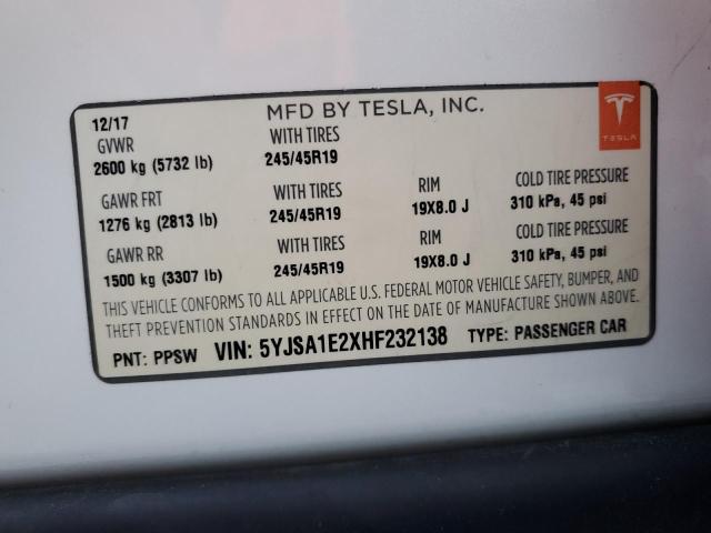 5YJSA1E2XHF232138 - 2017 TESLA MODEL S WHITE photo 12