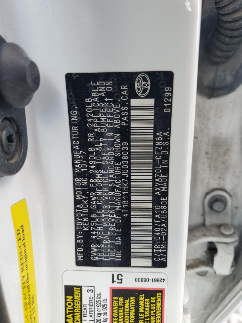 4T1B11HK7JU038039 - 2018 TOYOTA CAMRY L 白色 照片 12