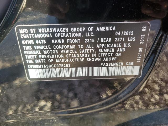 1VWBH7A39CC078263 - 2012 VOLKSWAGEN PASSAT SE შავი ფოტო 12