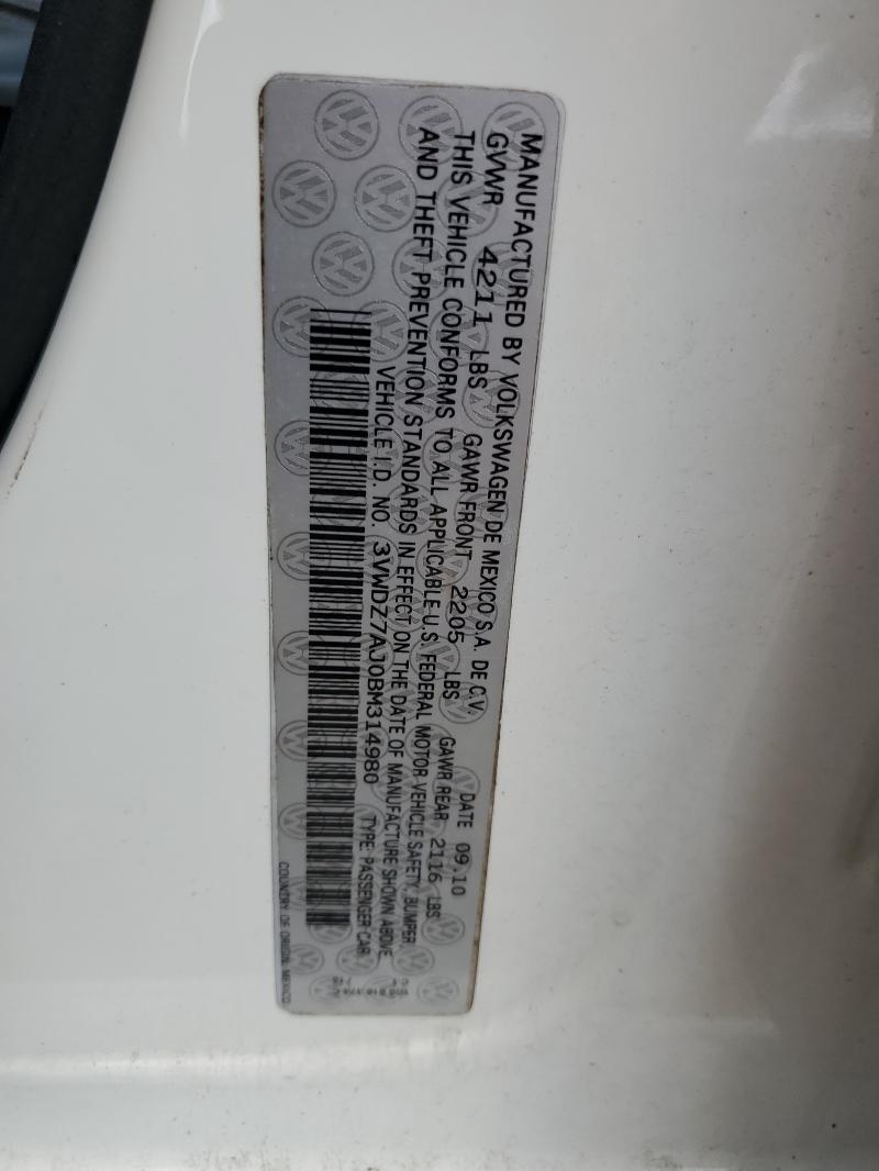 3VWDZ7AJ0BM314980 - 2011 VOLKSWAGEN JETTA SE 白色 照片 12