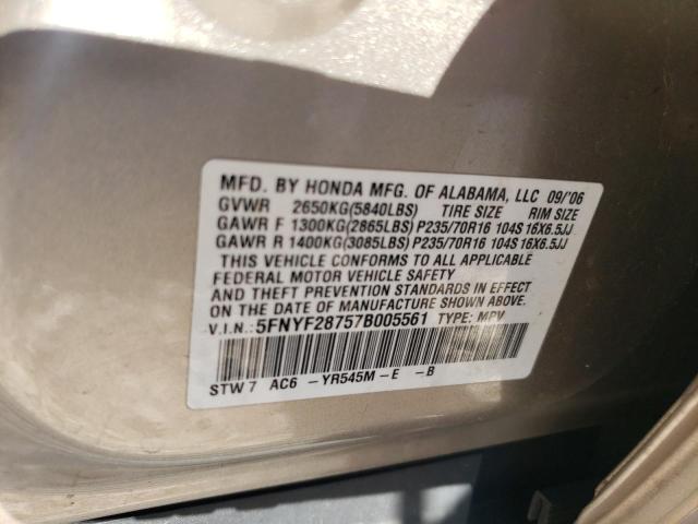 5FNYF28757B005561 - 2007 HONDA PILOT EXL CREAM photo 13