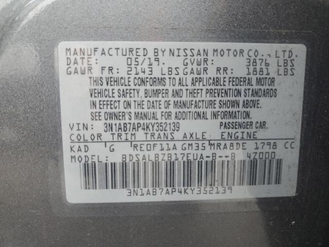 3N1AB7AP4KY352139 - 2019 NISSAN SENTRA S GRAY photo 12