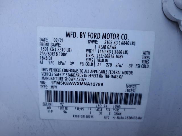 1FM5K8AWXMNA12789 - 2021 FORD EXPLORER POLICE INTERCEPTOR أبيض صورة 12