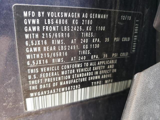 WVGAV3AX7EW567292 - 2014 VOLKSWAGEN TIGUAN S ლურჯი ფოტო 13