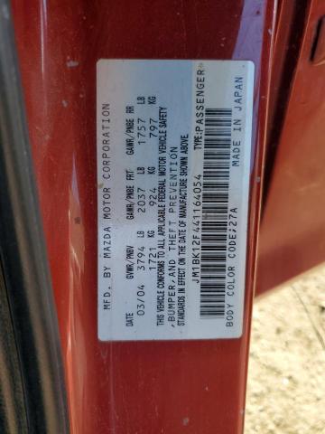 JM1BK12F441164054 - 2004 MAZDA 3 I RED photo 12