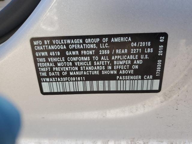 1VWAS7A33FC091611 - 2015 VOLKSWAGEN PASSAT S SILVER photo 12