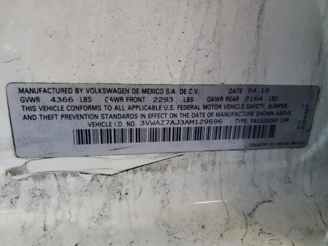 3VWAZ7AJ3AM129596 - 2010 VOLKSWAGEN JETTA LIMITED 白色 照片 12