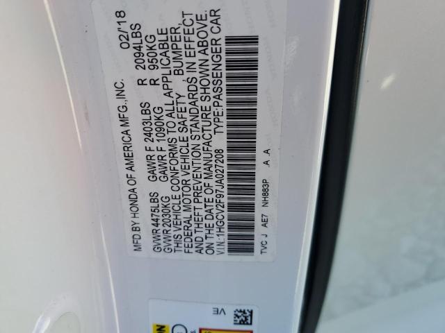 1HGCV2F97JA027208 - 2018 HONDA ACCORD TOURING WHITE photo 12